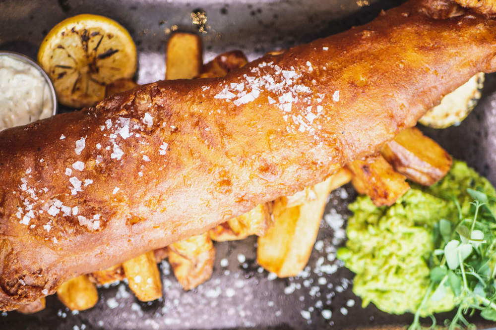 Dining at The Lounge Fish and chips with mushy peas