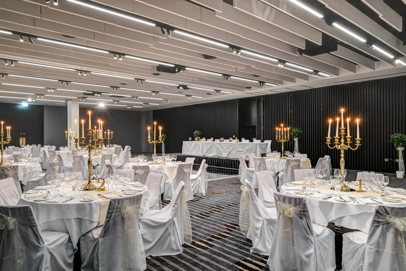 The Lansdown Suite at Apex City of Bath Hotel The Lansdown Suite set for wedding with white tablecloths and gold candles