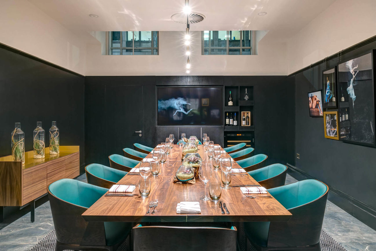 The Justice Room set up boardroom style for private dining at Lazy Ballerinas