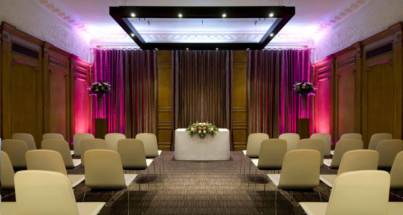 Forth room at Apex Waterloo Place Hotel Forth room at Apex Waterloo Place Hotel set up for wedding ceremony with altar, aisle and chairs